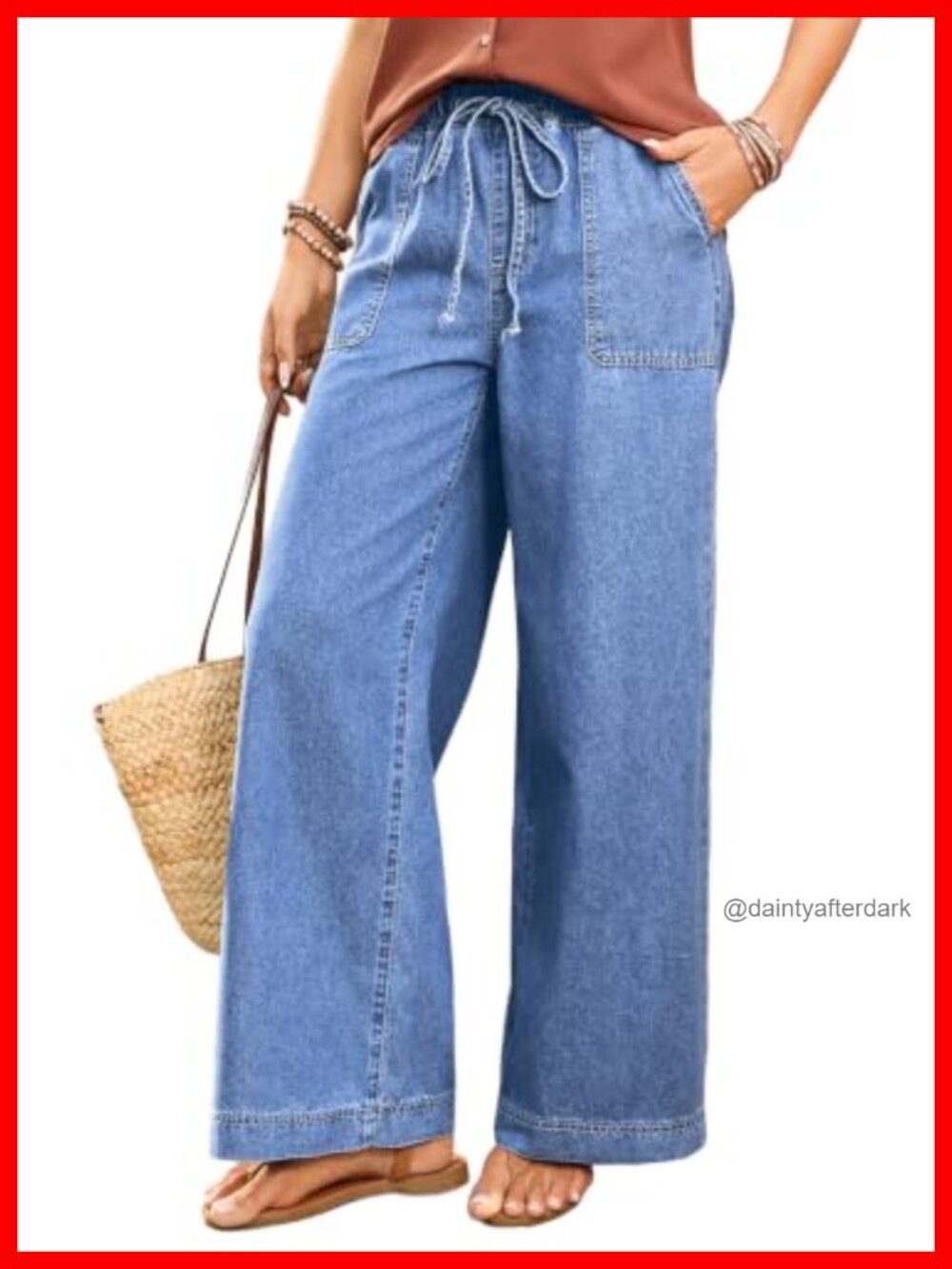 High Waisted Drawstring Baggy Wide Leg Jeans with Pockets